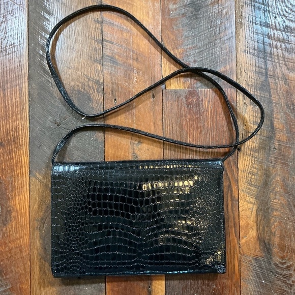 Vintage Black Croc Embossed Shoulder Bag Clutch Crossbody Convertible - Picture 4 of 7